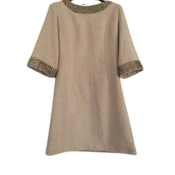 Moschino Vintage Y2K Beaded Gold A Line Mini Dress Metallic Wool Cotton Neutral - Picture 2 of 16